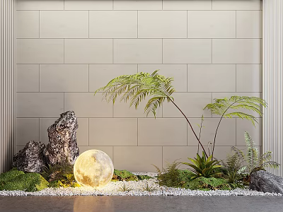 Indoor Landscape With Beige Tile Wall Large Rock Glowing Moon Lamp And Green Fern Plants 3d model