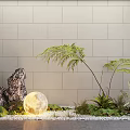 Indoor Landscape With Beige Tile Wall Large Rock Glowing Moon Lamp And Green Fern Plants