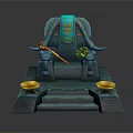 Ornate Teal Throne With Golden Bull Horn Armrests Steps And Decorative Bowls