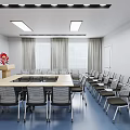 Modern Conference Room With Large Table Chairs Podium And Ceiling Lights 3d model