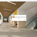 Modern Corridor With Wooden Ceiling Green Staircase Kids And Signs