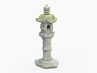 Traditional Japanese Style Outdoor Stone Lantern With Moss Covered Top And Lotus Base 3d model