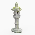 Traditional Japanese Style Outdoor Stone Lantern With Moss Covered Top And Lotus Base