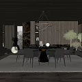 Modern Luxury Restaurant Interior With Pendant Light Dining Table Chairs And Plants