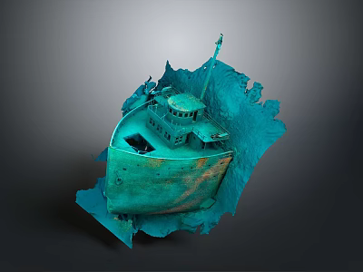 Sunken Shipwreck With Green Hull Cabin And Damaged Underwater Structure 3d model