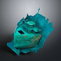Sunken Shipwreck With Green Hull Cabin And Damaged Underwater Structure