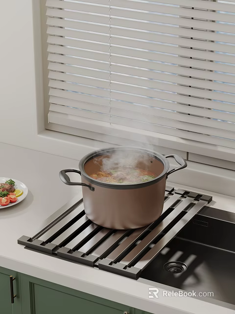 Steaming Pot on Metal Rack in Modern Kitchen Counter with Fresh Vegetable Plate 3d model 
