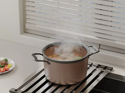 Steaming Pot on Metal Rack in Modern Kitchen Counter with Fresh Vegetable Plate 3d model