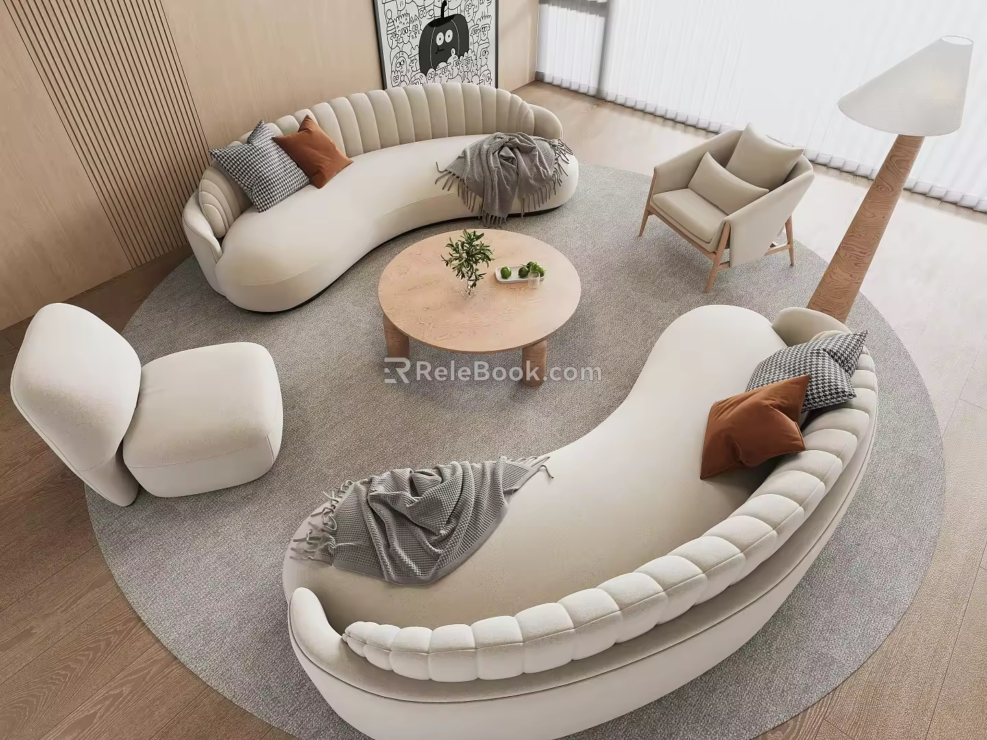 Quiet Style Sofa Tea Table Combination Curved Sofa Living Room Sofa Leisure Chair Floor Lamp 3d model