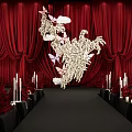 Red Wedding Stage Photo Spot With Curtain Chandelier Bouquets Candles And Red Carpet