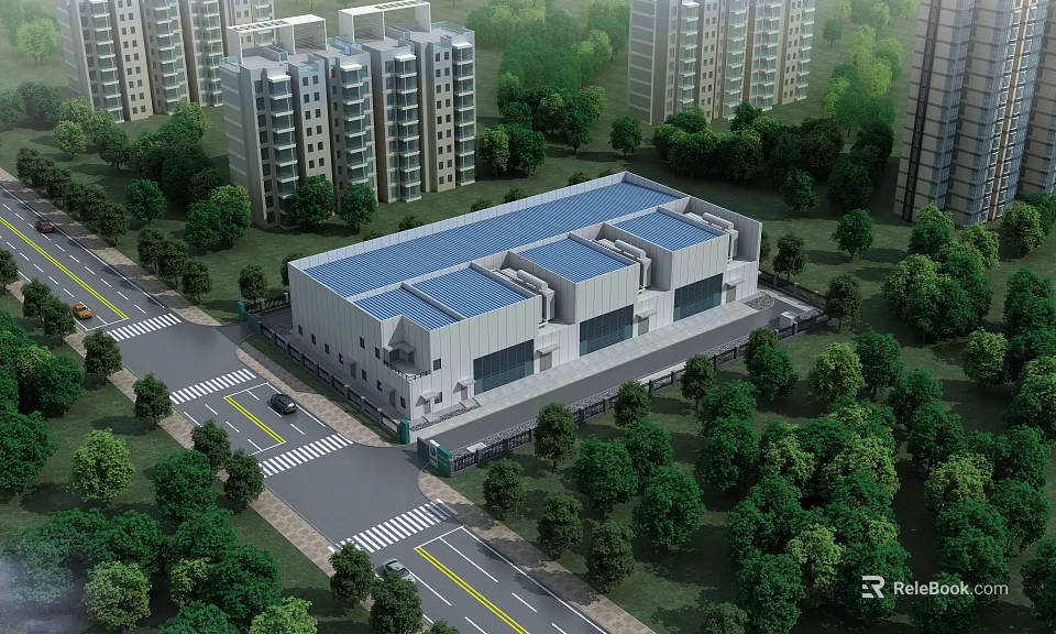 Modern Industrial Factory Building With Blue Roof Green Trees Surrounding Roads And Urban Buildings 3d model 