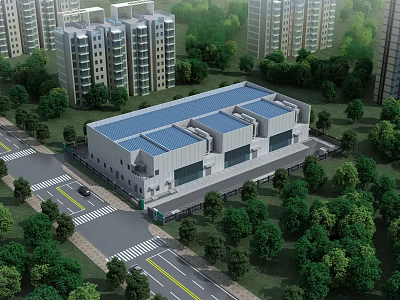 Modern Industrial Factory Building With Blue Roof Green Trees Surrounding Roads And Urban Buildings 3d model