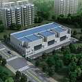 Modern Industrial Factory Building With Blue Roof Green Trees Surrounding Roads And Urban Buildings