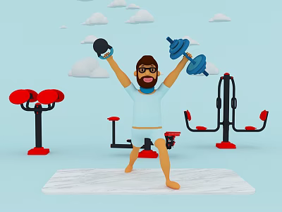 Cartoon Character Lifting Dumbbells In Gym With Fitness Equipment And Clouds 3d model
