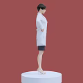 Woman in White Coat and Black Skirt Standing on White Platform with Red Background