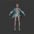 Child With Pink Hair In Stylish Blue Jacket And Short Skirt Outfit