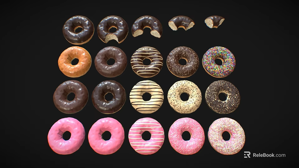 Assorted Donuts With Various Icings Toppings And Bitten Pieces On Black Background 3d model 