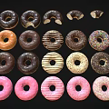 Assorted Donuts With Various Icings Toppings And Bitten Pieces On Black Background 3d model