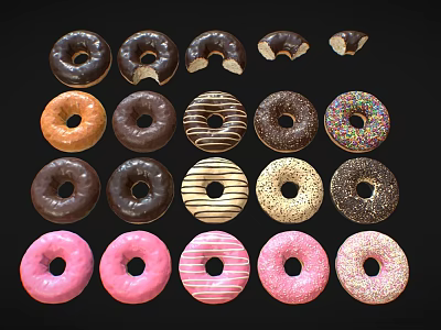 Assorted Donuts With Various Icings Toppings And Bitten Pieces On Black Background 3d model