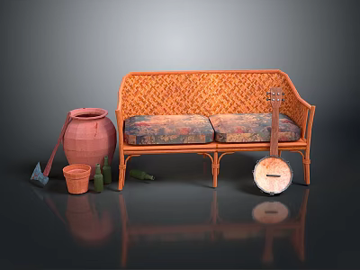 Wicker Sofa With Cushions Clay Pot Small Bucket Shovel Bottles And Banjo 3d model