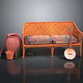 Wicker Sofa With Cushions Clay Pot Small Bucket Shovel Bottles And Banjo