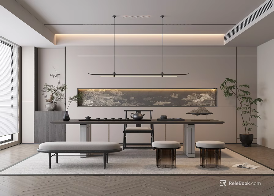 Modern Tea Room Interior Design With Long Table Tea Sets Plants And Hanging Lights 3d model 