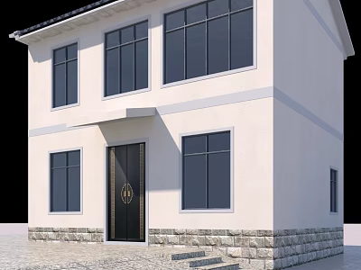 Two Story Building With White Exterior Black Windows Door And Stone Base Steps 3d model