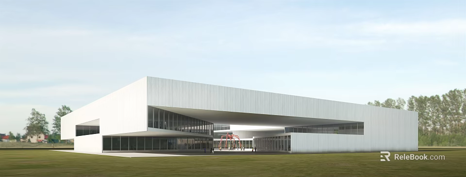 Modern White Museum Building With Large Glass Windows Clean Lines And Green Lawn Front 3d model 