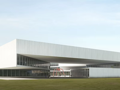 Modern White Museum Building With Large Glass Windows Clean Lines And Green Lawn Front 3d model