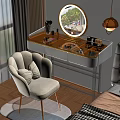 White Gold Vanity Table with Glass Top Round Mirror Drawers and Cosmetics in Bedroom Velvet Chair