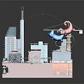Cartoon City Construction Scene With Colorful Buildings High Rise Structures And Tower Crane