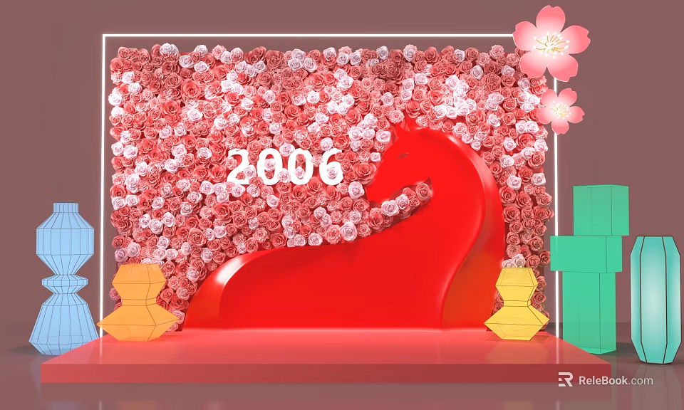 Floral Installation with Pink White Flower Wall Number 2006 Red Curved Structure and Colorful Decor 3d model 
