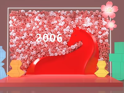 Floral Installation with Pink White Flower Wall Number 2006 Red Curved Structure and Colorful Decor 3d model