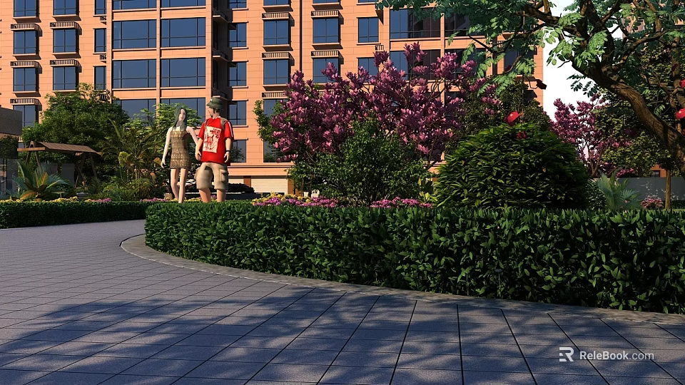 Garden Landscape with High Rise Building Green Shrubs Purple Flowering Trees and Paved Pathway 3d model 