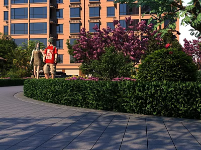 Garden Landscape with High Rise Building Green Shrubs Purple Flowering Trees and Paved Pathway 3d model