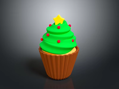 Christmas Cupcake With Green Frosting Yellow Star Topping Red Sprinkles And Brown Paper Cup 3d model
