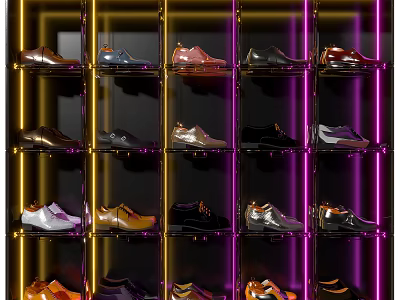 Modern Shoe Cabinet With Gold And Purple Neon Lights And Neatly Arranged Shoes 3d model