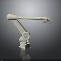 White Industrial Robotic Arm With Extended Arm And Base On Dark Background