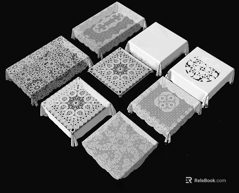 Assorted Lace Table Coverings With Ornate Patterns And Detailed Embroidery Designs 3d model 