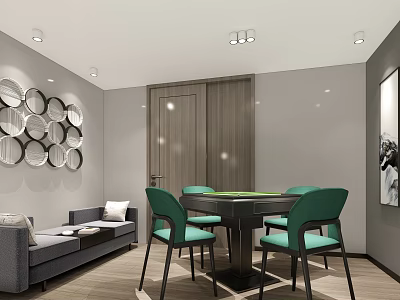 Modern Hotel Mahjong Room With Green Chairs Black Table Sofa And Decorative Wall Mirrors 3d model