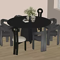 Black Round Dining Table Set With Six Unique Chairs Flower Vase Books On Wooden Floor