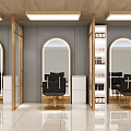 Modern Hair Salon Interior With Arched Mirrors Styling Chairs And Storage Shelves