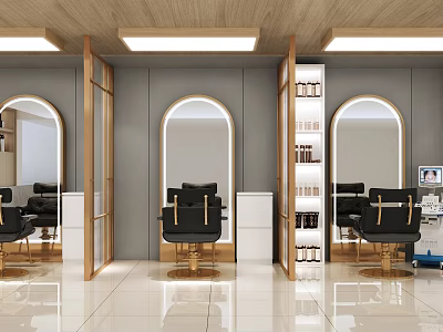 Modern Hair Salon Interior With Arched Mirrors Styling Chairs And Storage Shelves 3d model