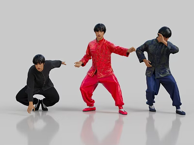 Three Dynamic Performers In Red Black Blue Traditional Outfits Practicing Martial Arts Poses 3d model