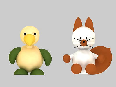 Adorable Plush Stuffed Toys Yellow Duck With Green Wings And White Squirrel 3d model