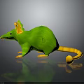 3D Green Rodent Character With Yellow Ears And Tail Standing On Reflective Surface