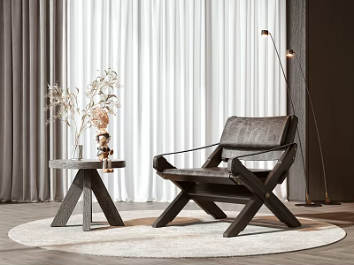 Modern Leather Leisure Chair With Side Table Vase Decorations And Floor Lamp On Soft Rug 3d model