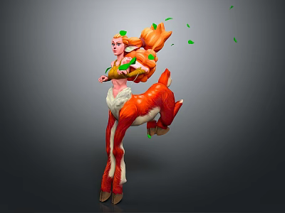 Game Movie Character With Orange Hair Green Leaves Red White Deer Legs In Dynamic Running Pose 3d model