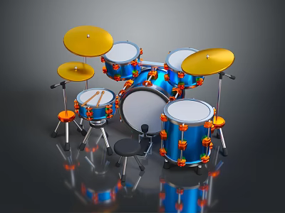 Blue Drum Set With Yellow Cymbals Orange Accents And Stool 3d model