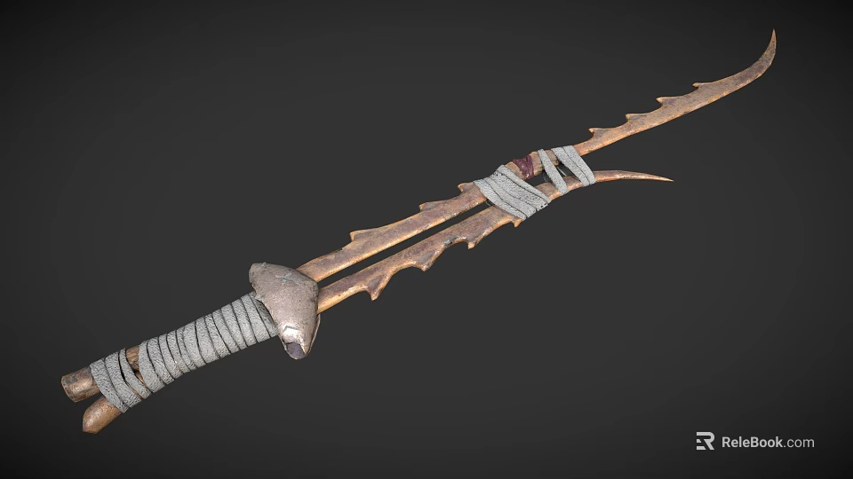 Handcrafted Ancient Weapon With Serrated Metal Blade And Gray Rope Wrapped Handle 3d model 